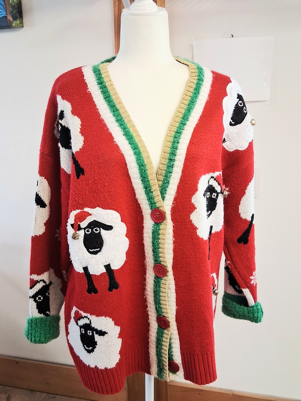 Celebrate Together Ugly Christmas Cardigan Sweater Sheep Bells Red Womens PXL